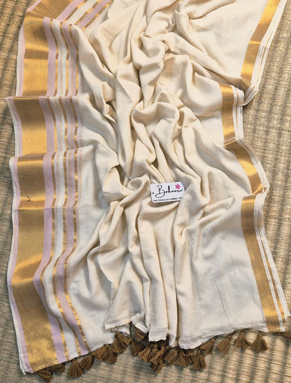 Noor | Malabar Ivory Mul Mul Cotton Saree with Golden Zari Border