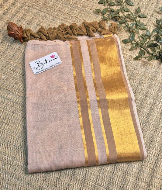 Noor | Soft Cocoa Brown Mul Mul Cotton Saree with Golden Zari Border
