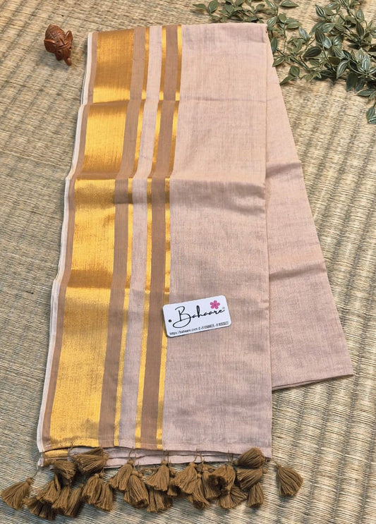 Noor | Soft Cocoa Brown Mul Mul Cotton Saree with Golden Zari Border