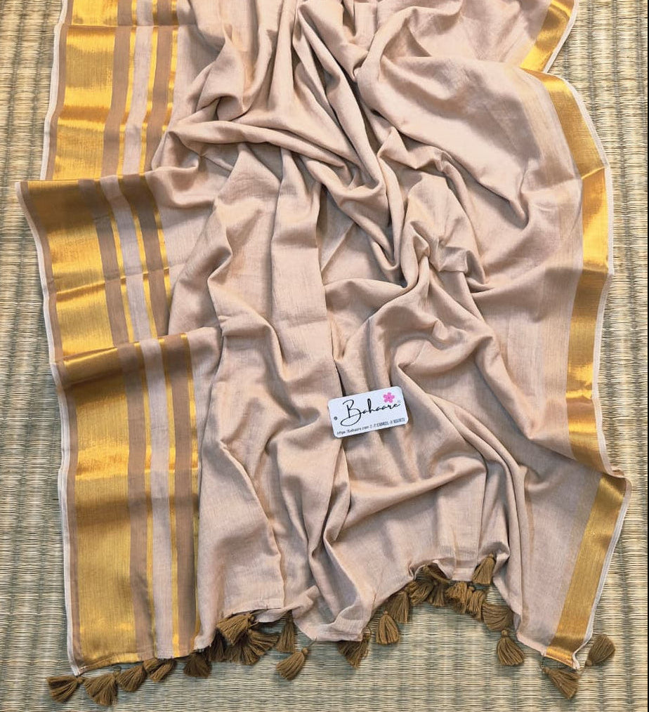 Noor | Soft Cocoa Brown Mul Mul Cotton Saree with Golden Zari Border