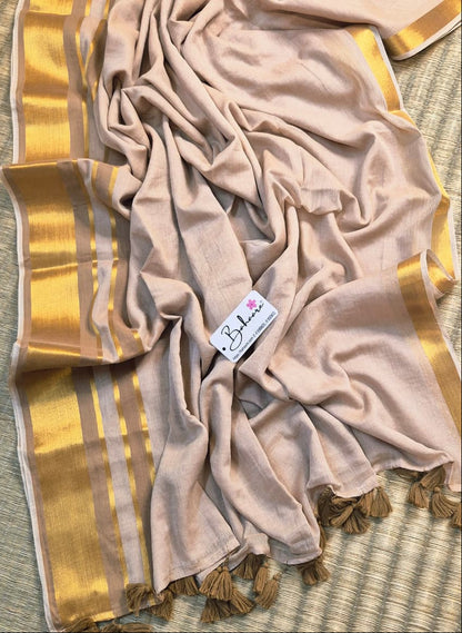 Noor | Soft Cocoa Brown Mul Mul Cotton Saree with Golden Zari Border