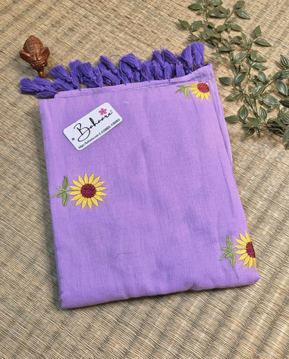 Mohini | Lavender Aura Mul Mul Cotton Saree with Flower Embroidery