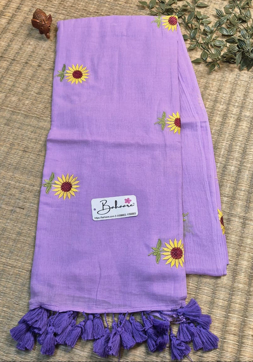 Mohini | Lavender Aura Mul Mul Cotton Saree with Flower Embroidery