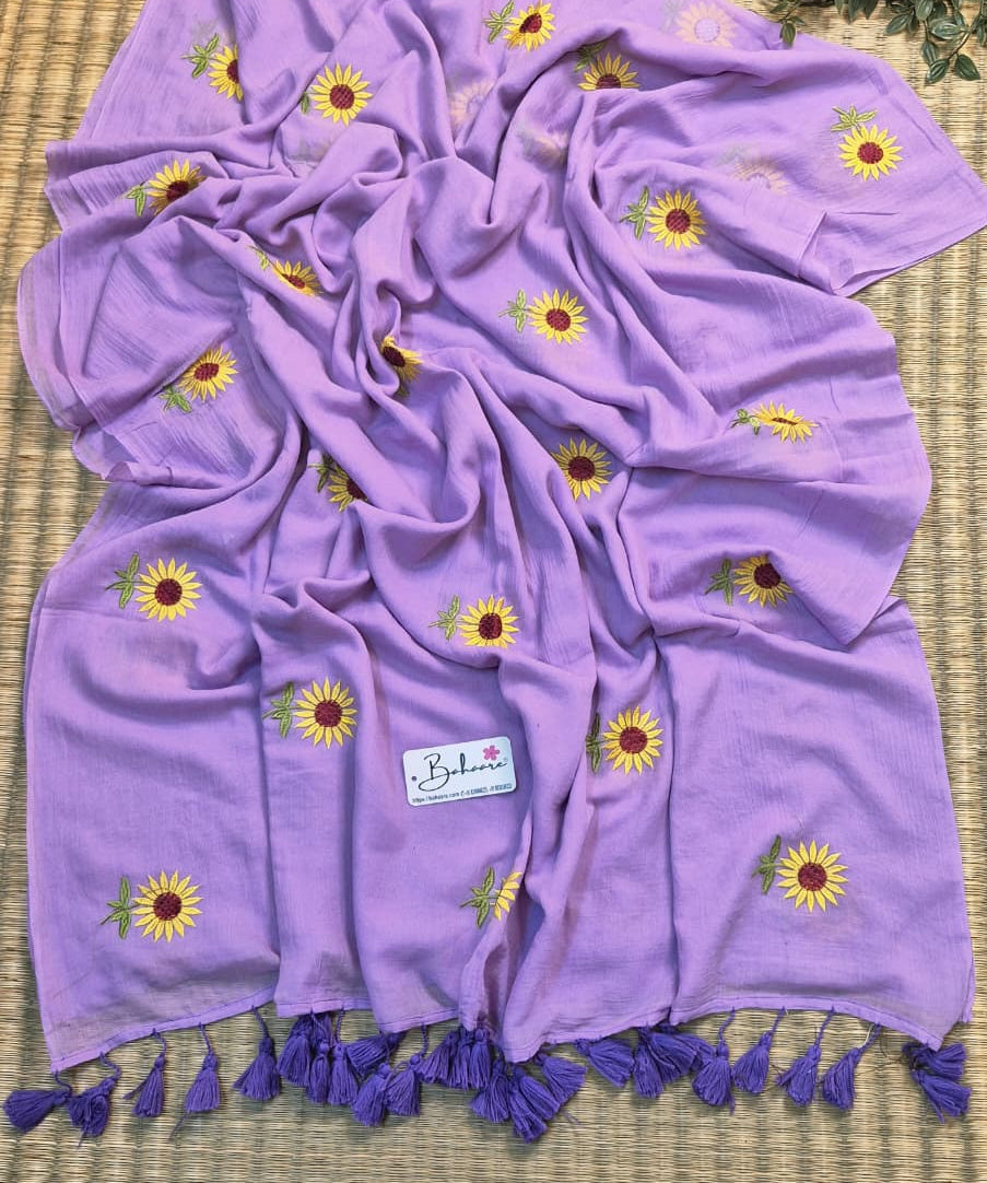 Mohini | Lavender Aura Mul Mul Cotton Saree with Flower Embroidery