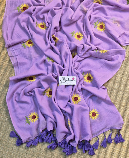 Mohini | Lavender Aura Mul Mul Cotton Saree with Flower Embroidery