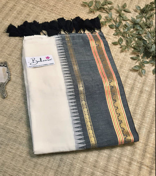 Noor | Ethnic Off White White Mul Mul Cotton Saree with Temple Border