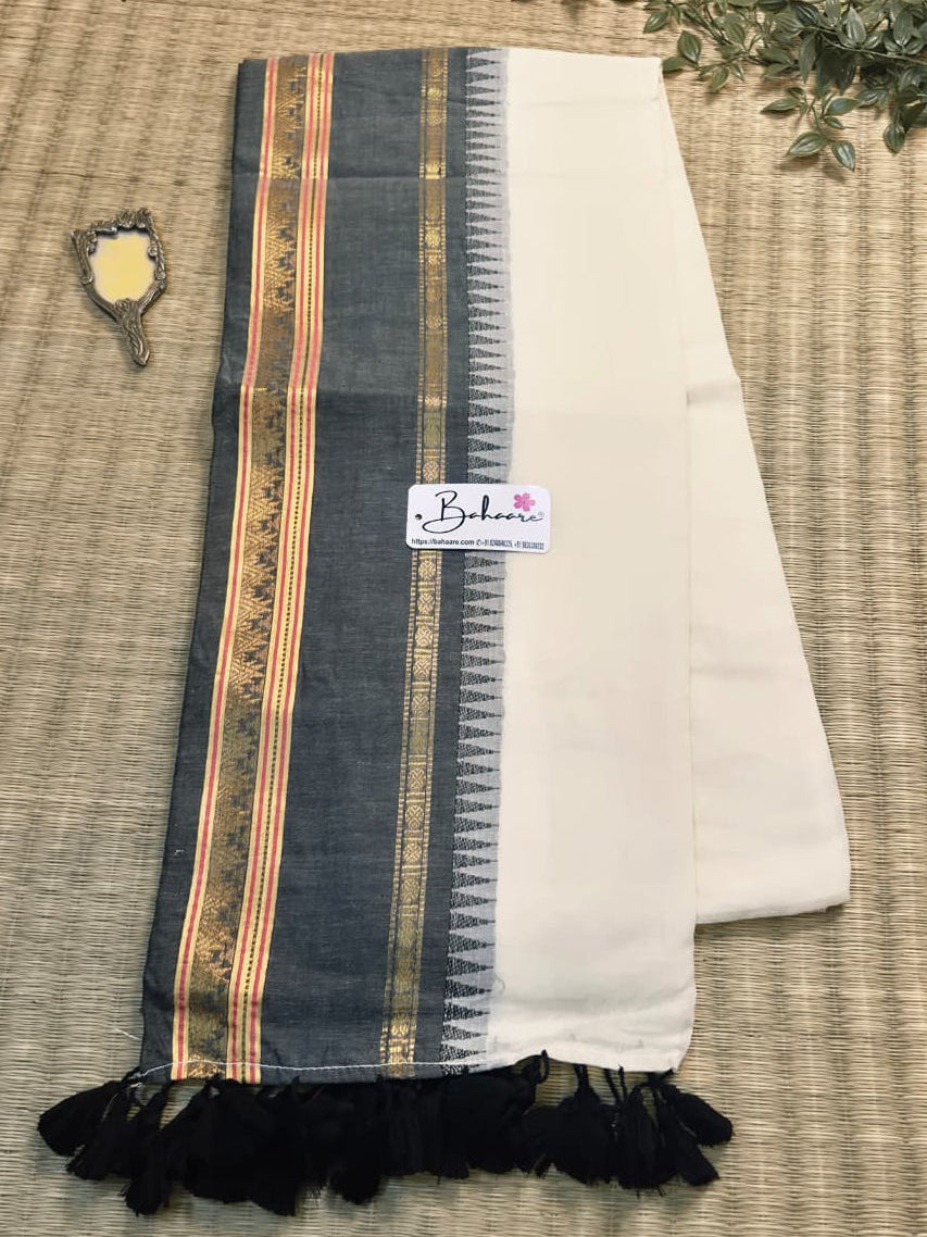 Noor | Ethnic Off White White Mul Mul Cotton Saree with Temple Border