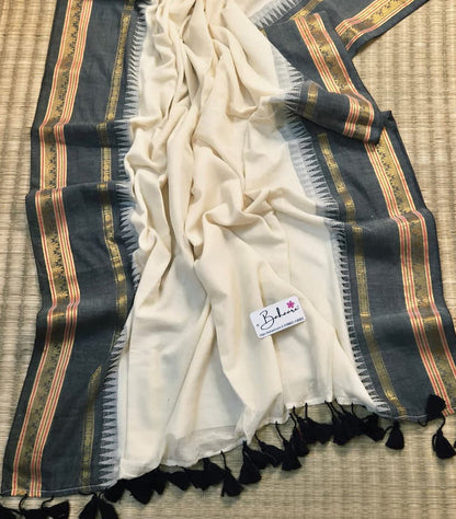 Noor | Ethnic Off White White Mul Mul Cotton Saree with Temple Border