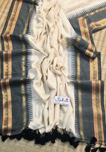 Noor | Ethnic Off White White Mul Mul Cotton Saree with Temple Border