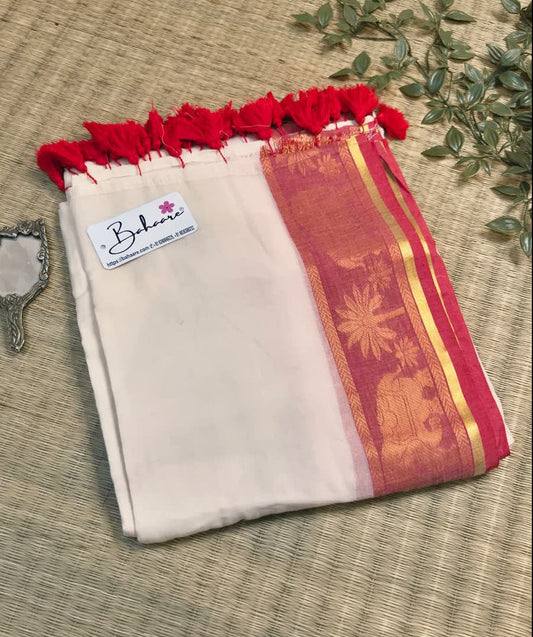 Noor | Festive Off White Mul Mul Cotton Saree with Elephant Motif Zari Border