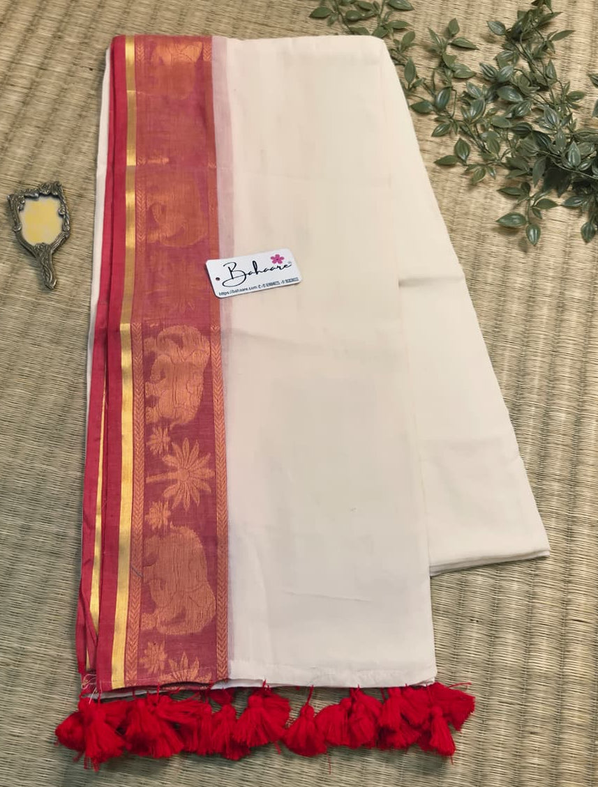 Noor | Festive Off White Mul Mul Cotton Saree with Elephant Motif Zari Border