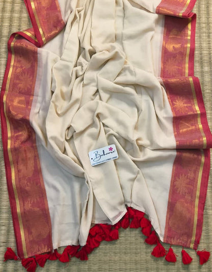 Noor | Festive Off White Mul Mul Cotton Saree with Elephant Motif Zari Border