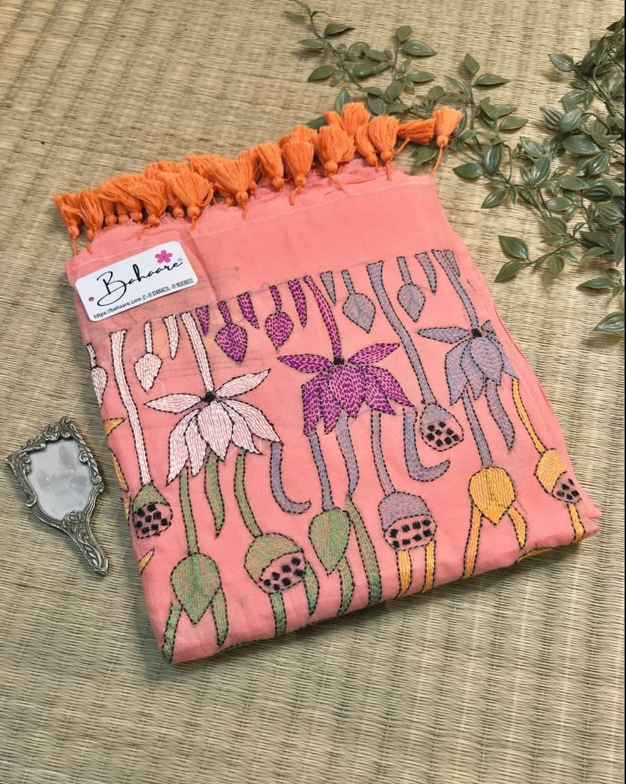 Mohini | Soft Peach Mul Mul Cotton Saree with Kantha Hand Embroidery