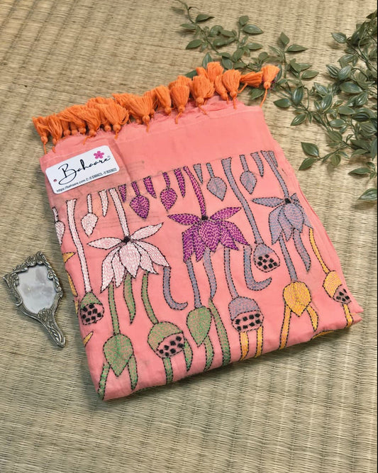 Mohini | Soft Peach Mul Mul Cotton Saree with Kantha Hand Embroidery