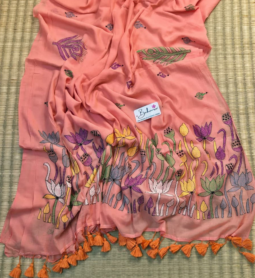 Mohini | Soft Peach Mul Mul Cotton Saree with Kantha Hand Embroidery