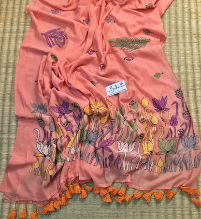 Mohini | Soft Peach Mul Mul Cotton Saree with Kantha Hand Embroidery
