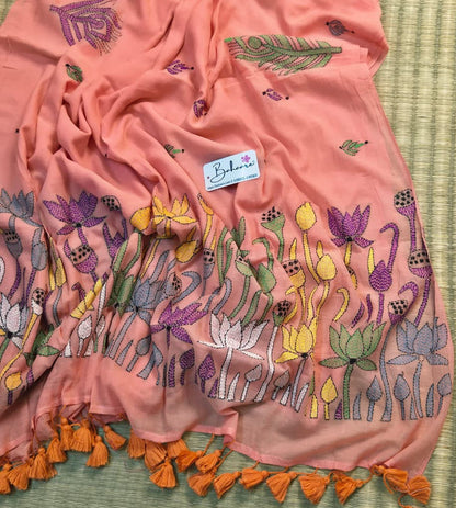 Mohini | Soft Peach Mul Mul Cotton Saree with Kantha Hand Embroidery
