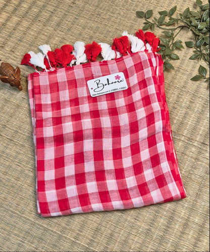 Mohini | Red Multicoloured Check Mul Mul Cotton Saree