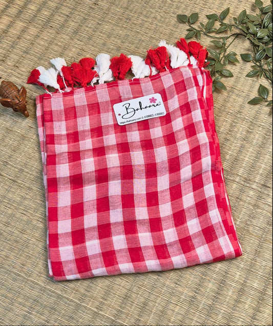 Mohini | Red Multicoloured Check Mul Mul Cotton Saree