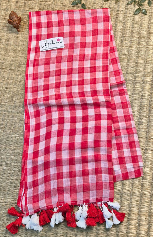 Mohini | Red Multicoloured Check Mul Mul Cotton Saree