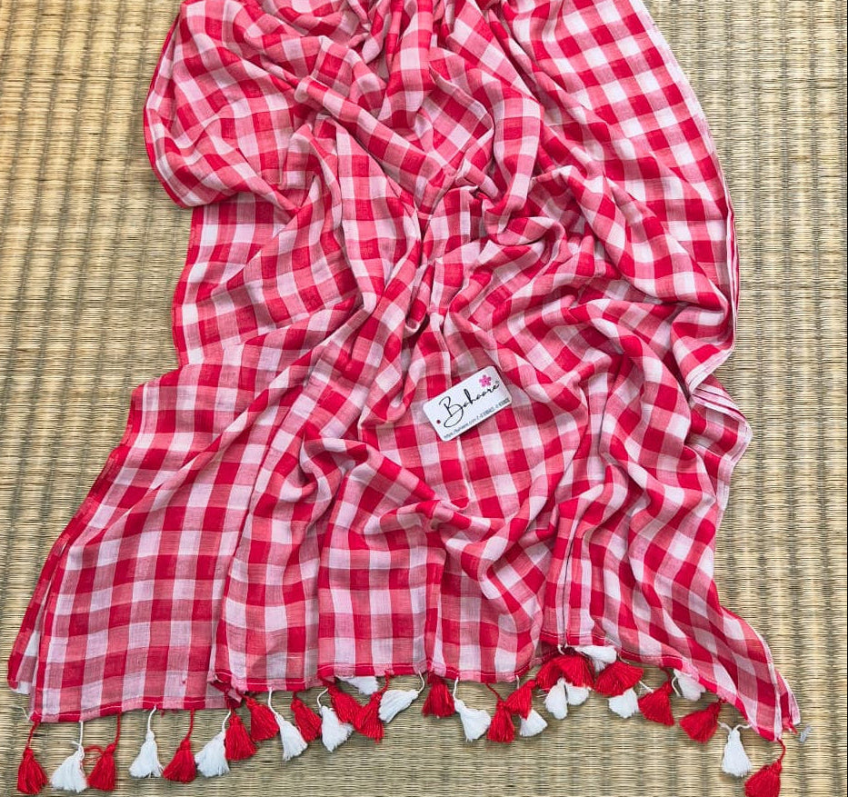 Mohini | Red Multicoloured Check Mul Mul Cotton Saree