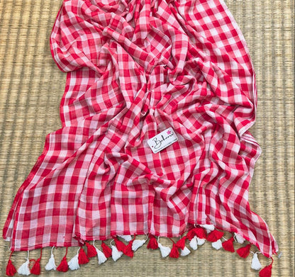 Mohini | Red Multicoloured Check Mul Mul Cotton Saree