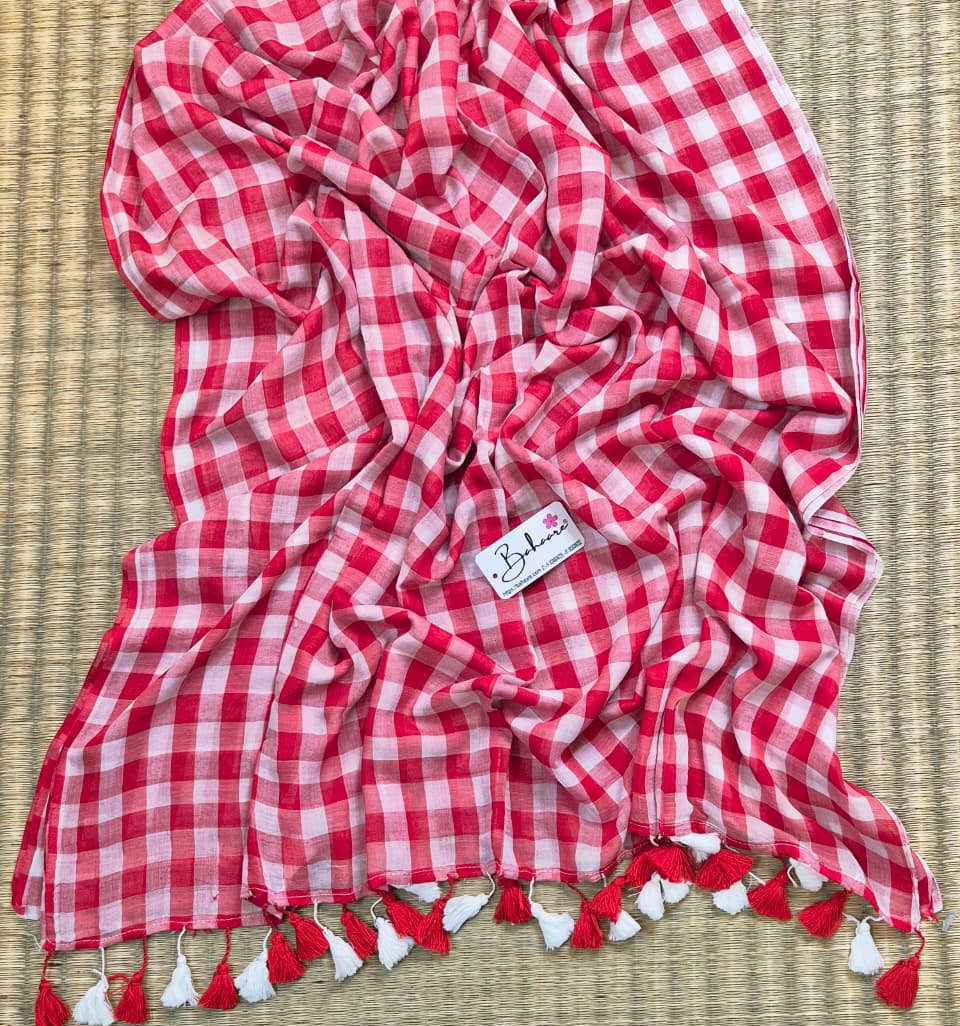 Mohini | Red Multicoloured Check Mul Mul Cotton Saree