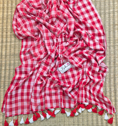 Mohini | Red Multicoloured Check Mul Mul Cotton Saree