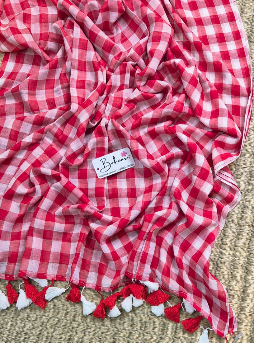 Mohini | Red Multicoloured Check Mul Mul Cotton Saree