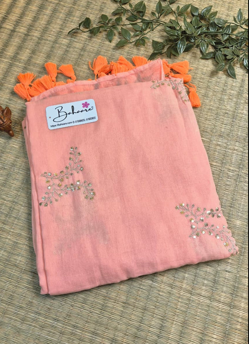 Shimmering Starlight | Light Peach Mul Mul Cotton Saree with Sequin Zari Embroidery Work