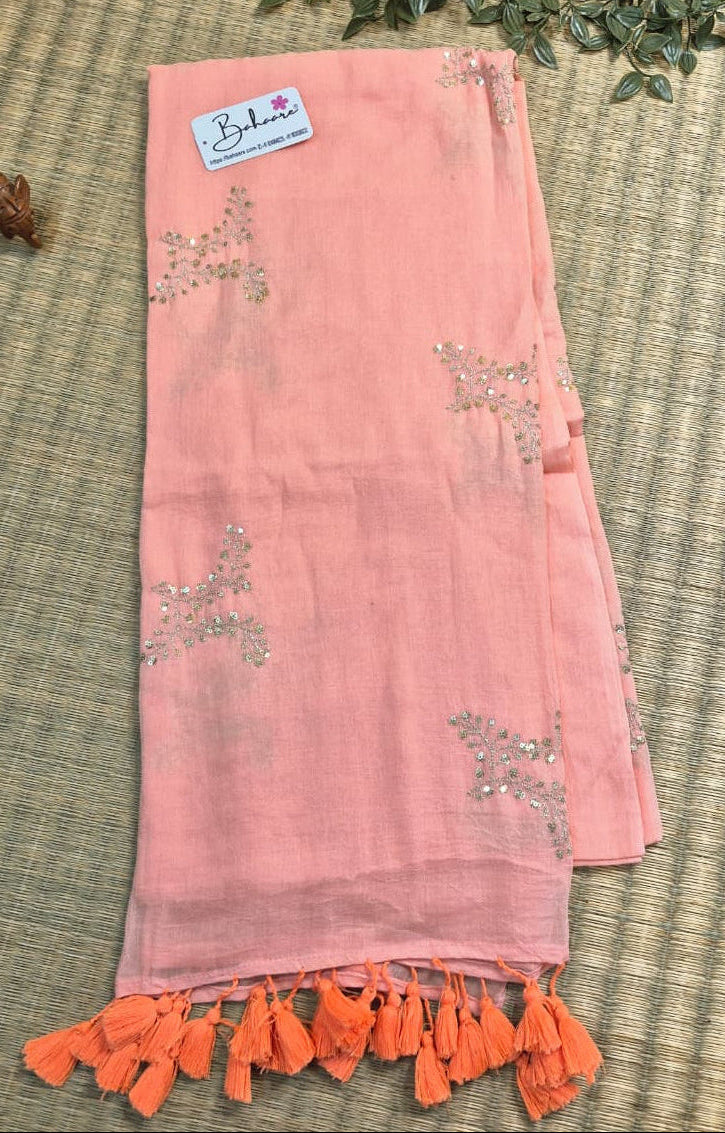 Shimmering Starlight | Light Peach Mul Mul Cotton Saree with Sequin Zari Embroidery Work