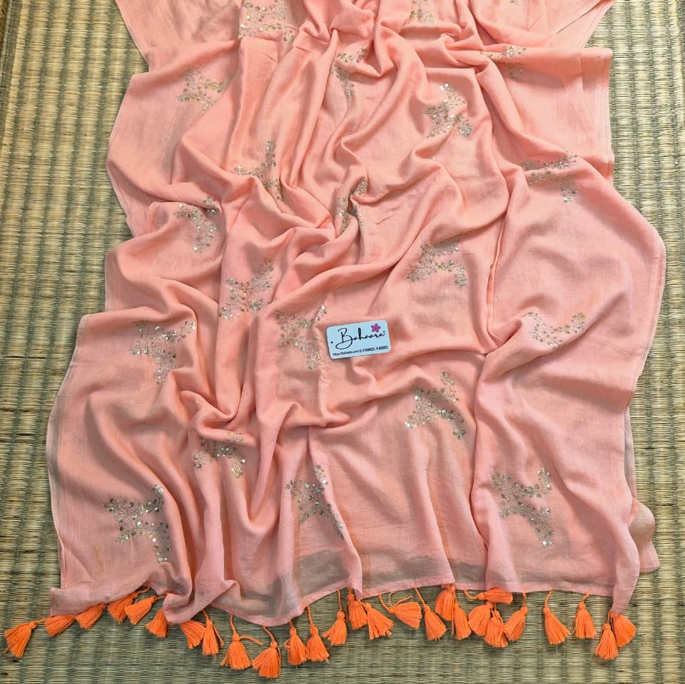 Shimmering Starlight | Light Peach Mul Mul Cotton Saree with Sequin Zari Embroidery Work