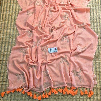 Shimmering Starlight | Light Peach Mul Mul Cotton Saree with Sequin Zari Embroidery Work