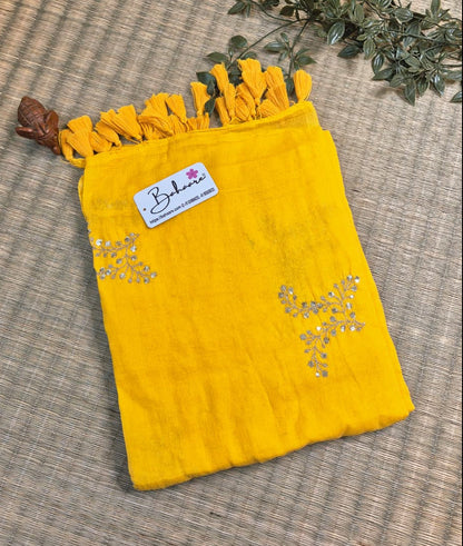 Shimmering Starlight | Golden Yellow Mul Mul Cotton Saree with Sequin Zari Embroidery Work