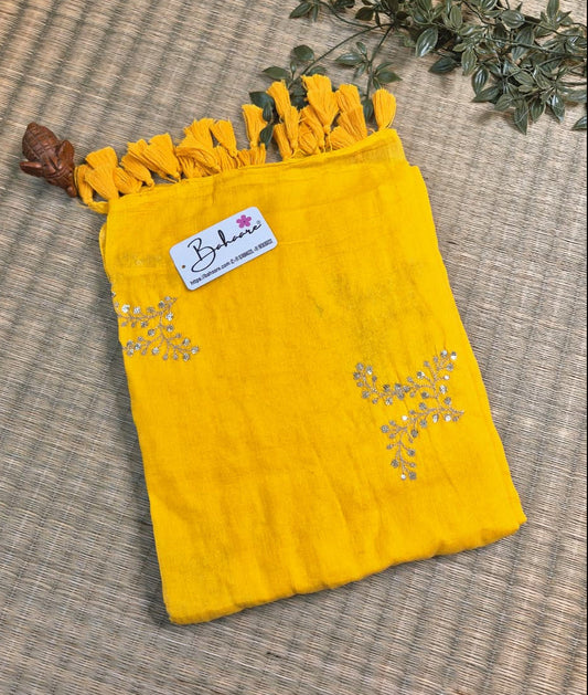 Shimmering Starlight | Golden Yellow Mul Mul Cotton Saree with Sequin Zari Embroidery Work