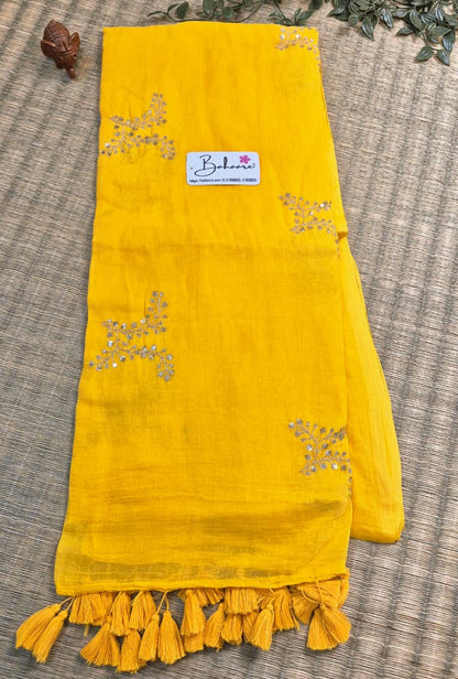 Shimmering Starlight | Golden Yellow Mul Mul Cotton Saree with Sequin Zari Embroidery Work
