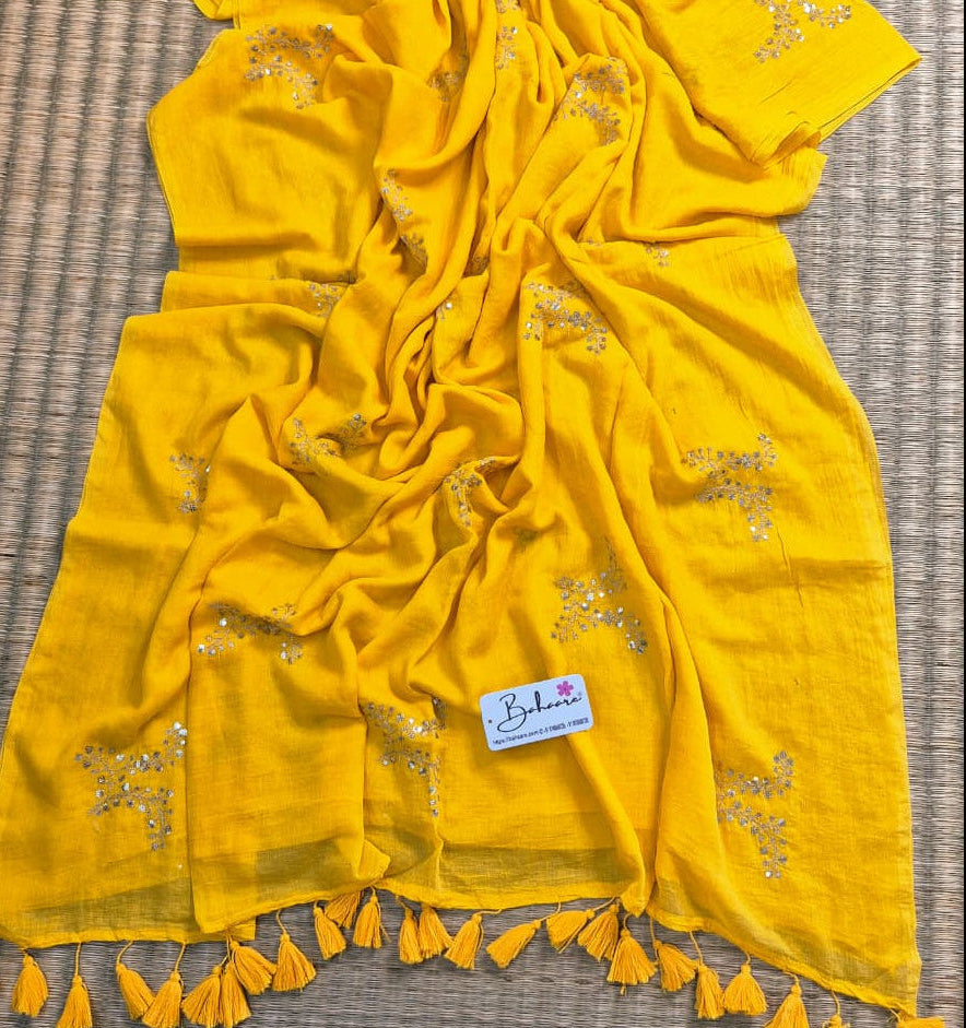 Shimmering Starlight | Golden Yellow Mul Mul Cotton Saree with Sequin Zari Embroidery Work