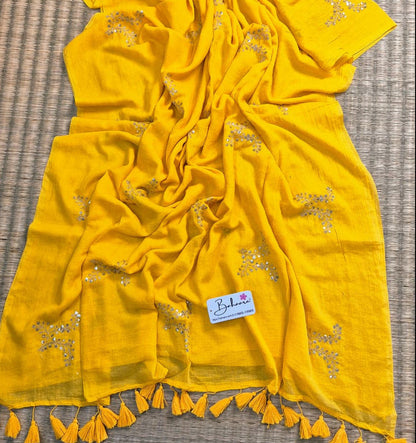 Shimmering Starlight | Golden Yellow Mul Mul Cotton Saree with Sequin Zari Embroidery Work