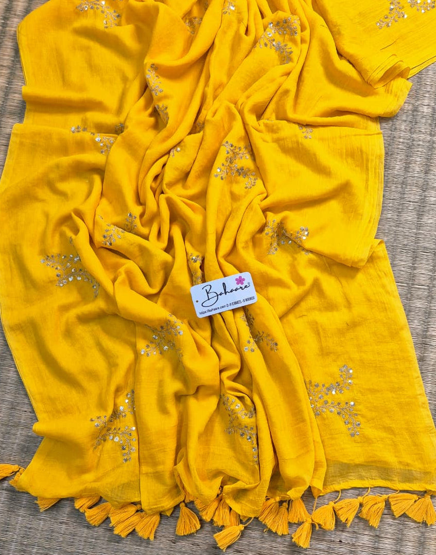 Shimmering Starlight | Golden Yellow Mul Mul Cotton Saree with Sequin Zari Embroidery Work