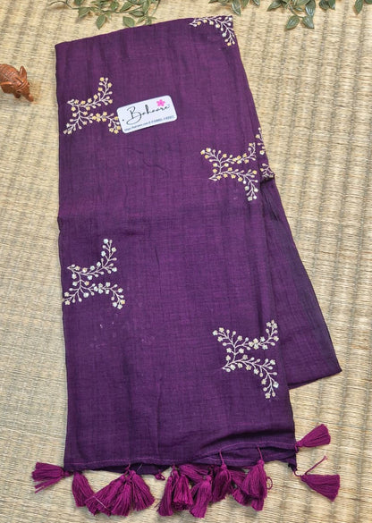 Shimmering Starlight | Deep Purple Mul Mul Cotton Saree with Sequin Zari Embroidery Work