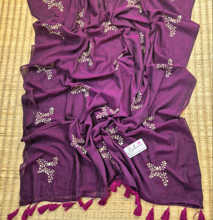 Shimmering Starlight | Deep Purple Mul Mul Cotton Saree with Sequin Zari Embroidery Work