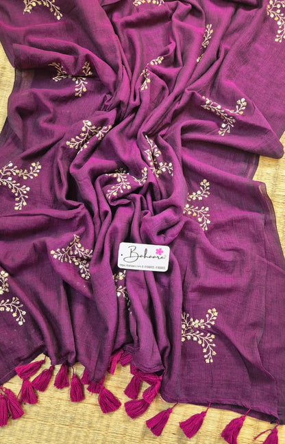 Shimmering Starlight | Deep Purple Mul Mul Cotton Saree with Sequin Zari Embroidery Work