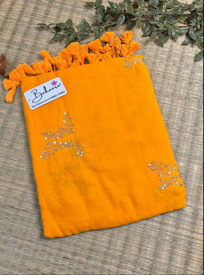 Shimmering Starlight | Mango Orange Mul Mul Cotton Saree with Sequin Zari Embroidery Work