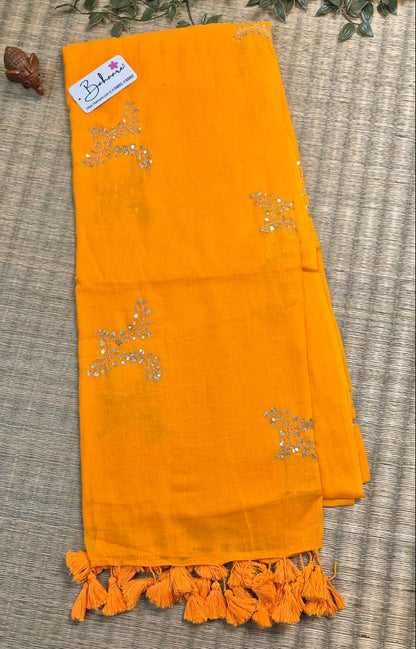 Shimmering Starlight | Mango Orange Mul Mul Cotton Saree with Sequin Zari Embroidery Work