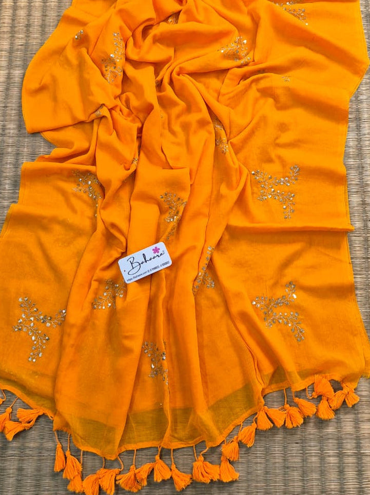Shimmering Starlight | Mango Orange Mul Mul Cotton Saree with Sequin Zari Embroidery Work