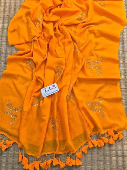 Shimmering Starlight | Mango Orange Mul Mul Cotton Saree with Sequin Zari Embroidery Work