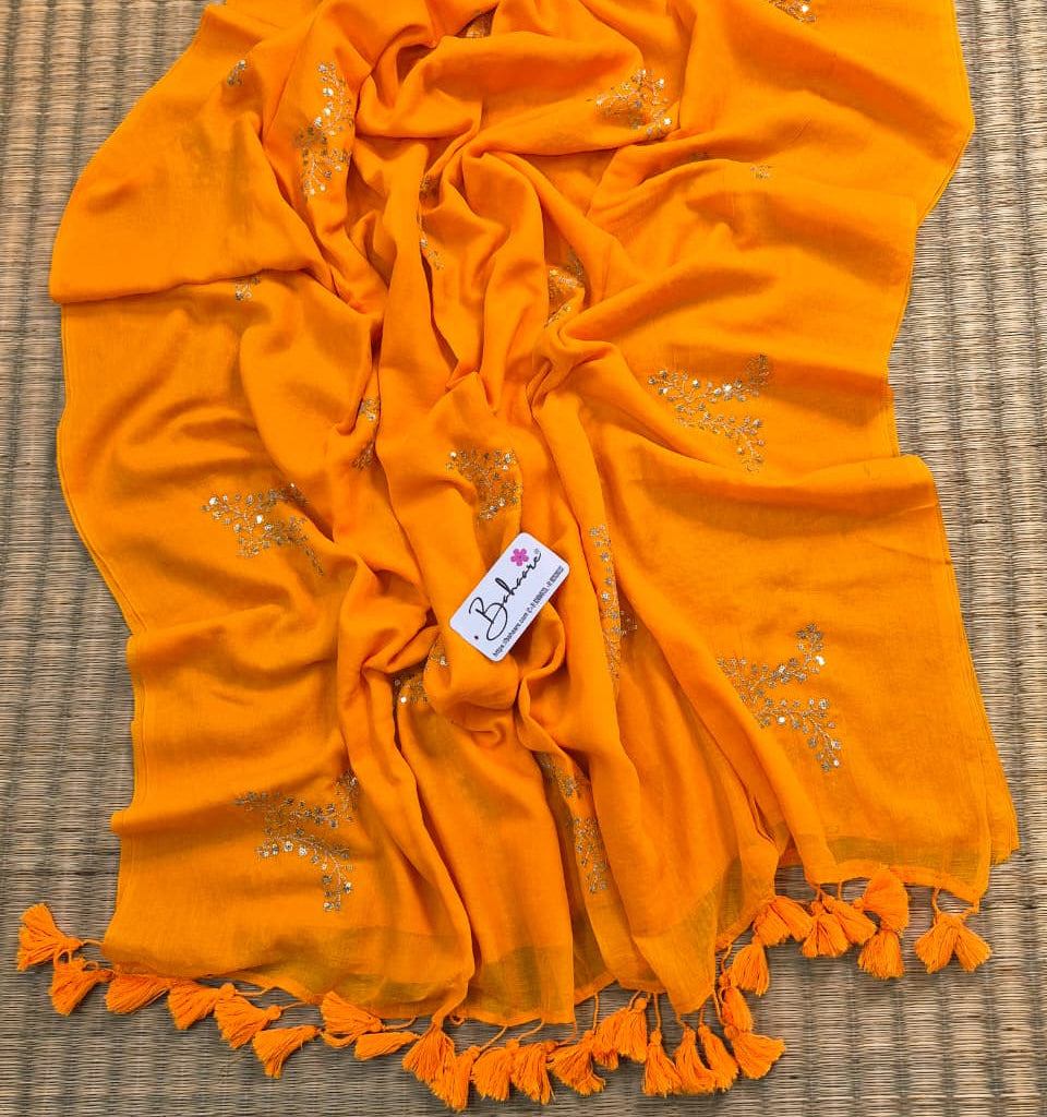 Shimmering Starlight | Mango Orange Mul Mul Cotton Saree with Sequin Zari Embroidery Work