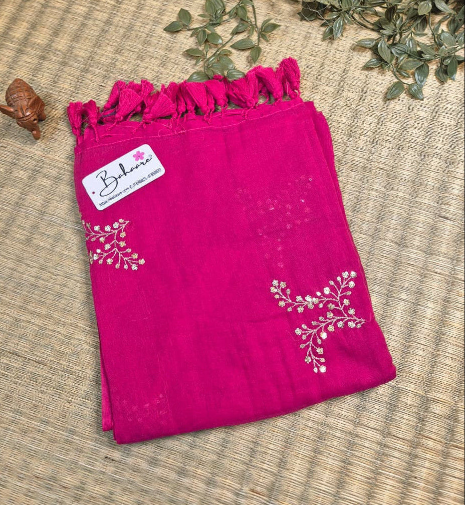 Shimmering Starlight | Ruby Pink Mul Mul Cotton Saree with Sequin Zari Embroidery Work