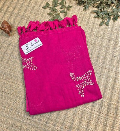 Shimmering Starlight | Ruby Pink Mul Mul Cotton Saree with Sequin Zari Embroidery Work