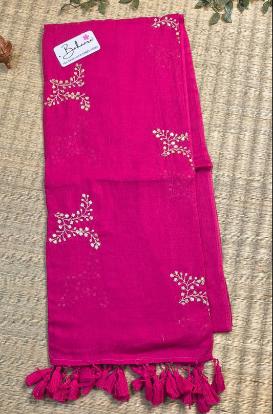 Shimmering Starlight | Ruby Pink Mul Mul Cotton Saree with Sequin Zari Embroidery Work